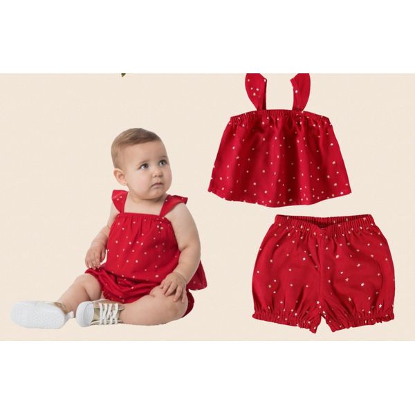 CONJUNTO INFANTIL MENINA REGATA EM ALGODÃO E SHORTS EM VISCOLINHO MALWEE KIDS - VERMELHO
