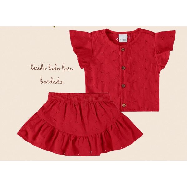 Conjunto Infantil Menina Blusa e Shorts tecido Laise Em Algodão Malwee Vermelho