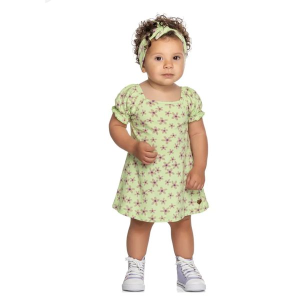 Vestido Infantil Flores Com Faixa De Cabelo Elian Em Meia Malha