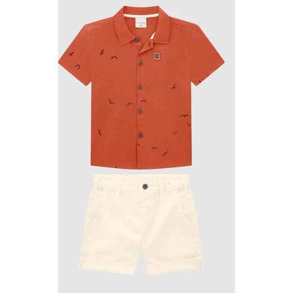 Conjunto Menino Camisa Manga Curta Em Viscolinho Texturizado - Carinhoso