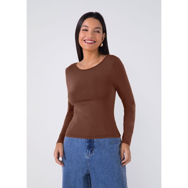 Blusa feminina manga longa lisa marrom