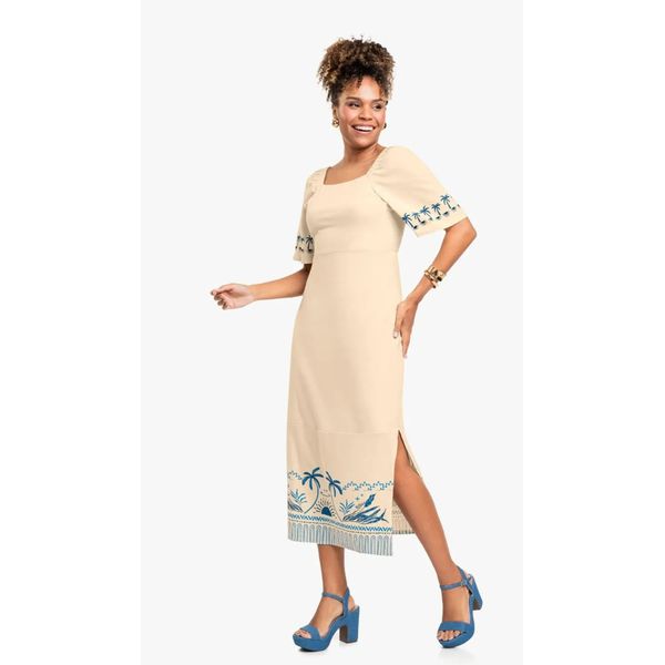 Vestido Midi com Estampa Metalizada e Mangas Bufantes - Cereja Rosa - Bege