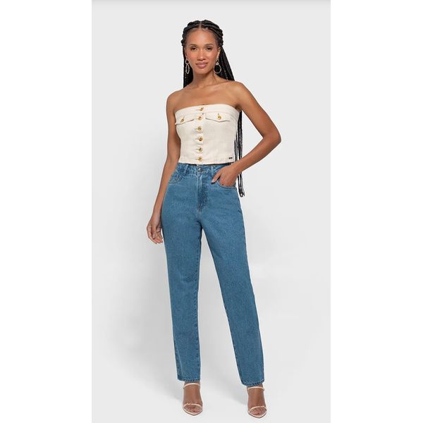 Calça Feminina Reta Cintura Alta Em Jeans 100% Algodão - ENFIM