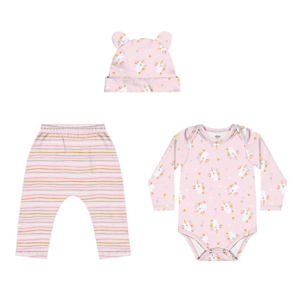 Kit Bebê Menina Estampado com Touca Elian Rosa