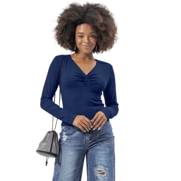 Blusa Canelada Cereja Rosa Azul