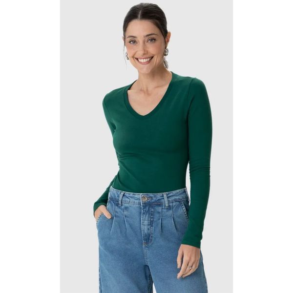 Blusa Básica Feminina Gola V Manga Longa Em Algodão
