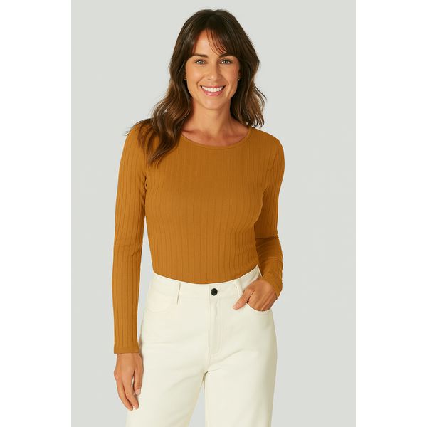Blusa Básica Feminina Manga Longa Em Malha Canelada De Viscose