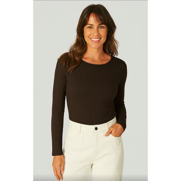 Blusa Básica Feminina Manga Longa Em Malha Canelada De Viscose