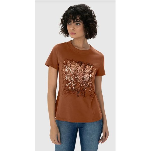 T-Shirt Feminina Slim Estampa Efeito Metalizado Em Algodão - ENFIM