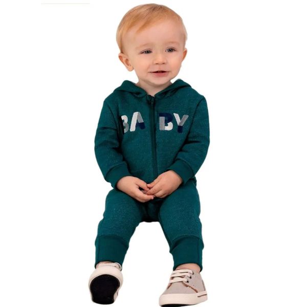 Macacão de Bebê Moletom Flanelado com Capuz Zíper e Pé Reversível Baby Verde Brandili