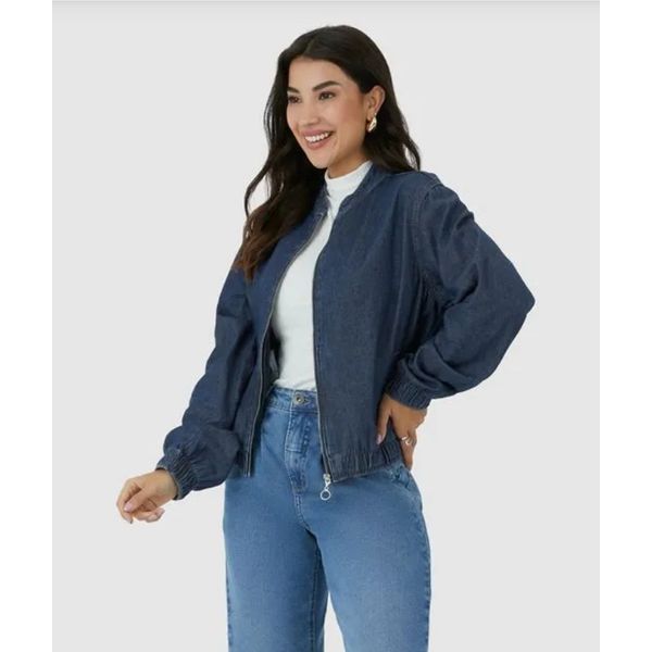 Jaqueta Feminina Bomber Abertura Zíper Em Jeans Leve 100% Algodão