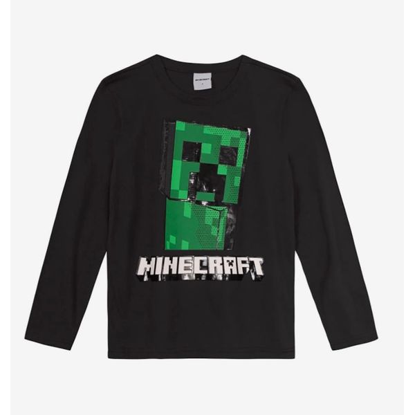 Camiseta Manga Longa Brandili 55827 Infantil Minecraft Meia Malha 