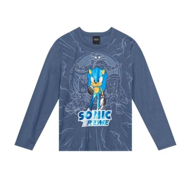 Camiseta Brandili Manga Longa Sonic Masculina - Azul