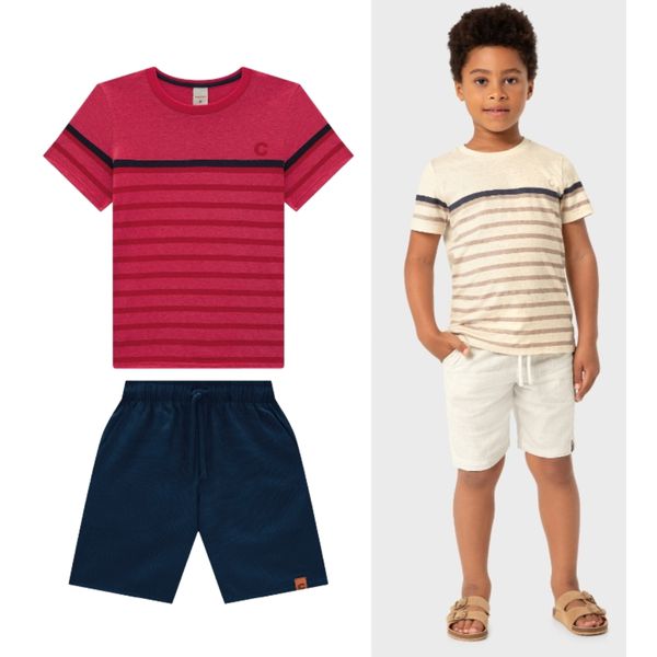 Conjunto Menino Camiseta Listrada Em Malha Linho - Carinhoso