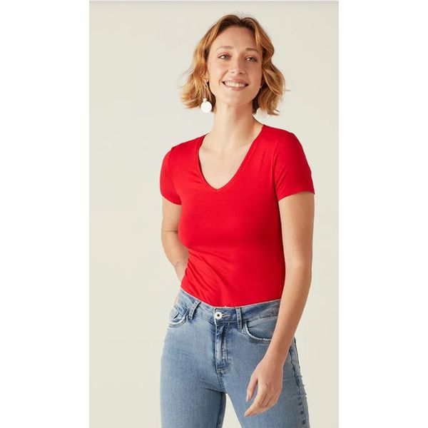 Blusa Básica Feminina Decote V Em Viscose Stretch