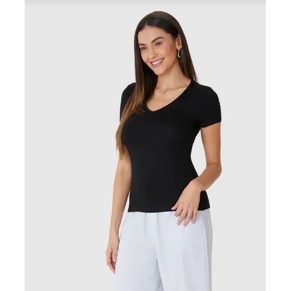 Blusa Básica Feminina Decote V Em Viscose Stretch