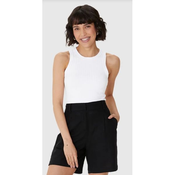 Regata Básica Feminina Long Cropped Em Malha Canelada De Viscose