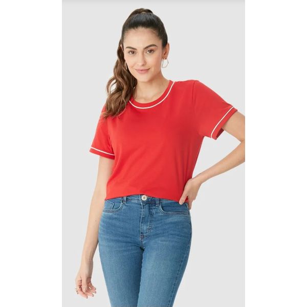 Blusa Básica Feminina Decote Redondo Costura Contraste Em Algodão