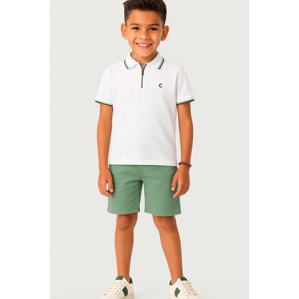 Conjunto Menino Camisa Polo Peitilho Com Zíper Em Piquet Stretch - Carinhoso