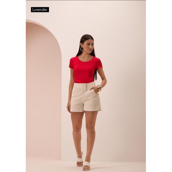 Blusa Em Malha Canelada Com Mangas Curtas E Decote Redondo