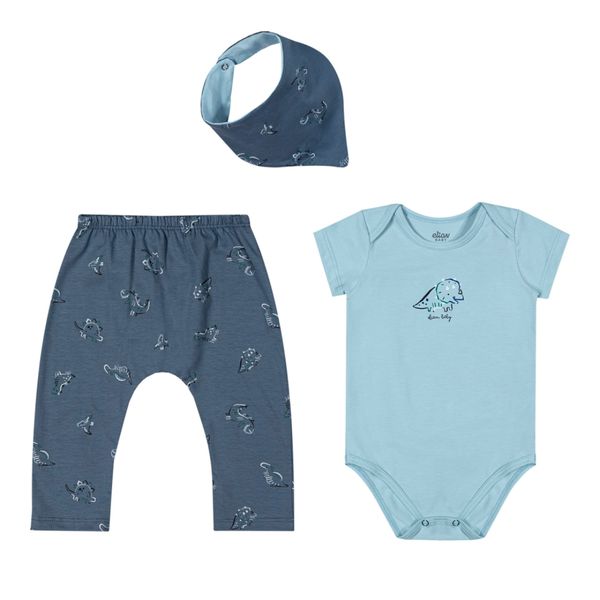 Kit Bebê Menino Dino Com Babador Elian Azul