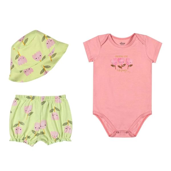Kit Bebê Menina Com Chapéu Elian Rosa