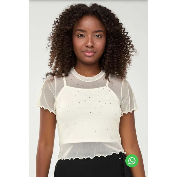 Blusa Juvenil Tule Com Strass Beats Bege