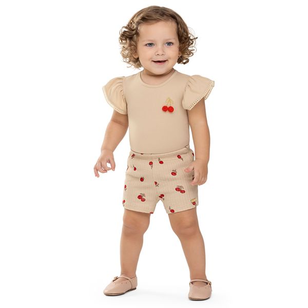 Conjunto Bebê Menina Pompom Cereja Colorittá Bege