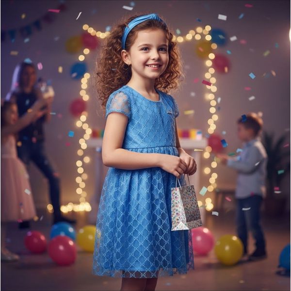  Vestido Azul Godê em Tule Menina