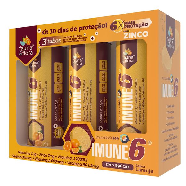 Imune 6 (Vitamina C + Vitamina D 2000UI + Selênio + Zinco + Vitamina A + Vitamina B6) - Cartucho c/ 3 Tubos - Vitamina Efervescente - Sabor Laranja