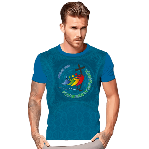 Camiseta Unissex Peregrinos Da Esperança Jubileu 2025 Azul Petroleo Azul Petroleo