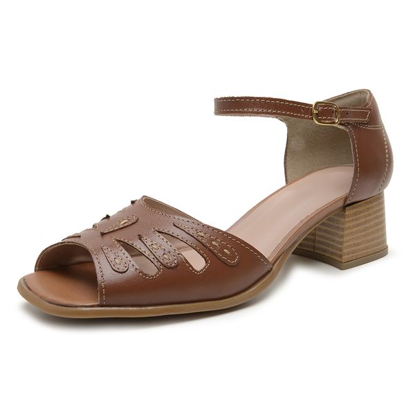 Sandália Retro Bico Quadrado de Couro Legitimo Chocolate