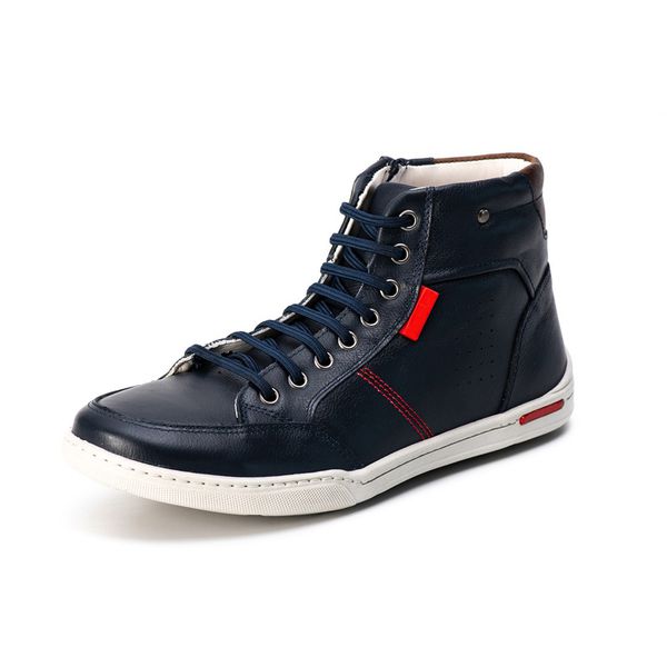 Botinha Masculina em Couro Legitimo Elastico e Zíper Azul