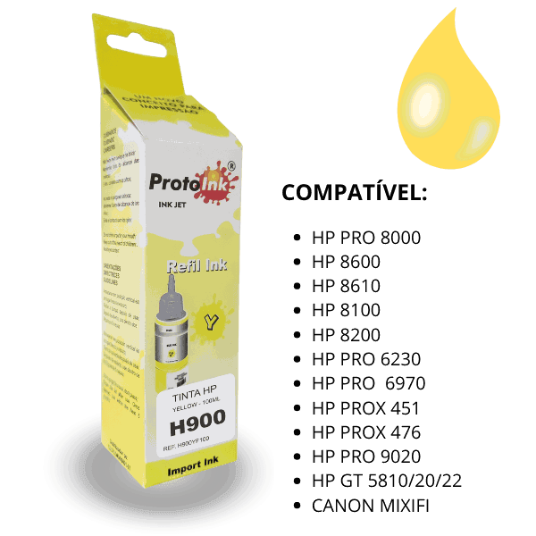 TINTA HP H900 CORANTE 100ml PROTOINK | COR: YELLOW H900 | 100ML