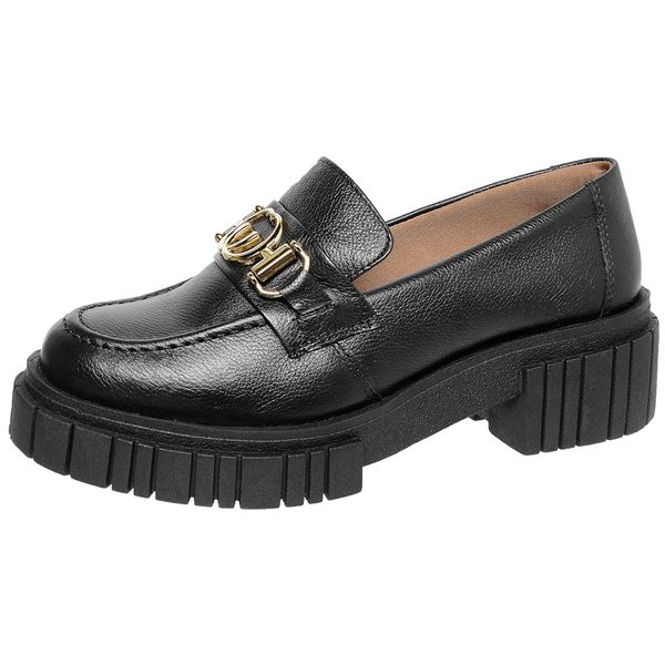 Sapato Mocassim Feminino Em Couro Preto Sola Tratorada com Metal Dourado