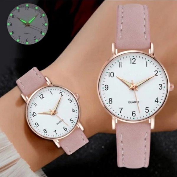 Relogio Feminino Casual Amostrador Branco Quartzo Pulseira em Couro Rosa