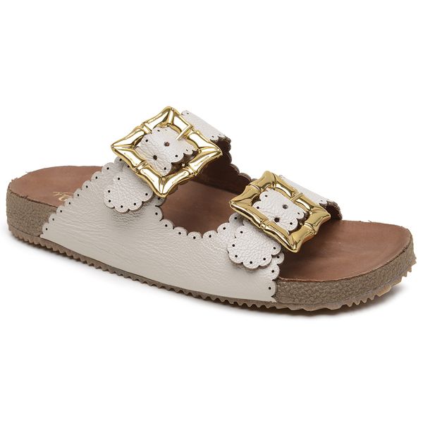 Sandália Papete Couro Unissex Tiras Fivela Anatômica Afrodite Off White