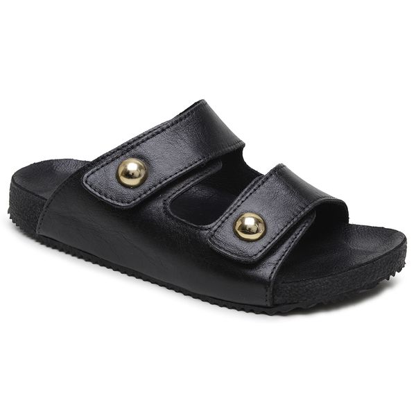 Sandália Papete Couro Unissex Tiras Fivela Anatômica Couro Athenas Preto