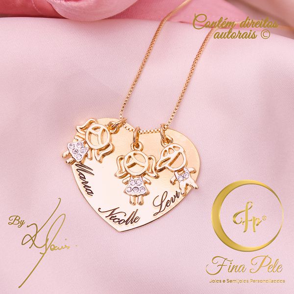 Colar 3 Filhos Zircônias Azul e Rosa Fina Pele Joias 