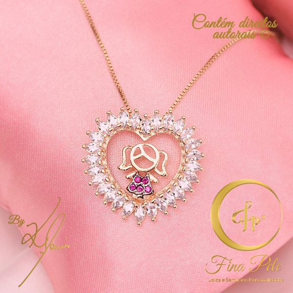 Colar Mãe de Menina Coração + Zircônias Fina Pele Joias