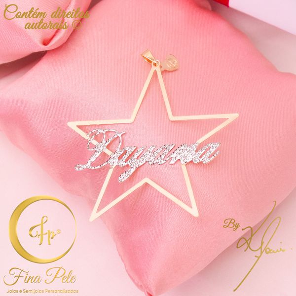 Colar Pingente Estrela + Nome Ouro Branco Fina Pele Joias
