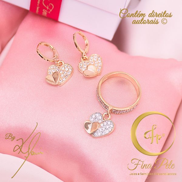 Conjunto coração com Zircônias Cravejadas Fina Pele Joias