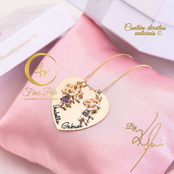 Colar 2 Filhos Zircônias Azul e Rosa Fina Pele Joias