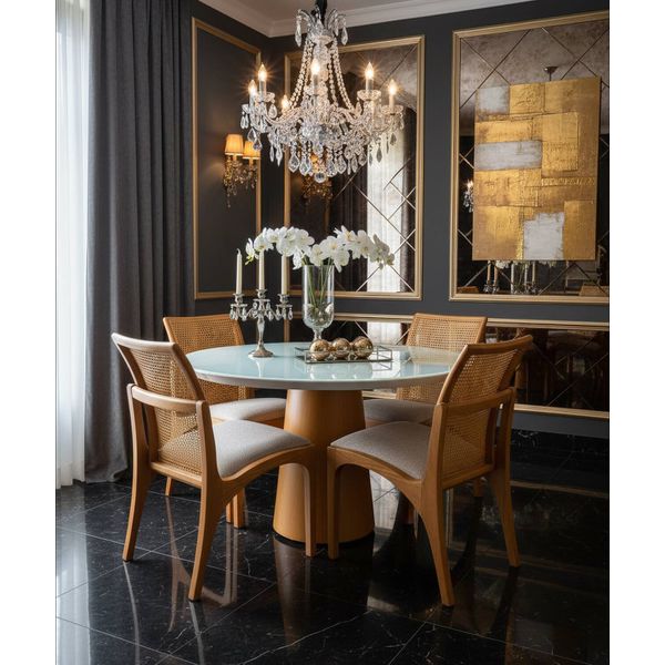 Sala de Jantar Mesa Redonda Valadares Com Tampo de Vidro Colado - Madeira Maciça - Móveis de Gramado