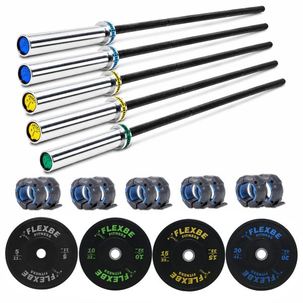 Kit 5 Barras Olímpicas Oficial Crossfit LPO + 300kg Anilhas Bumper + 5 Pares Presilhas Flexbe Fitness