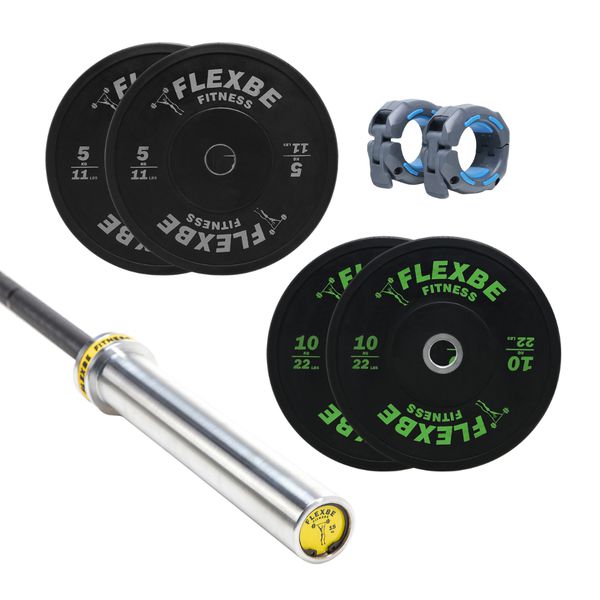 Kit com 1 Barra Feminina + presilhas + 2 anilhas de 5kg + 2 anilhas de 10kg Flexbe Fitness