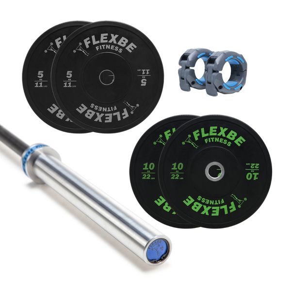 Kit com 1 Barra Masculina com as presilhas + 2 anilhas de 5kg + 2 anilhas de 10kg Flexbe Fitness