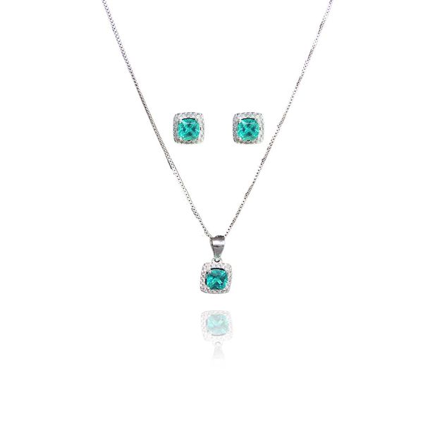 Conjunto Quadrado com Zircônia Azul Tiffany em Prata 925