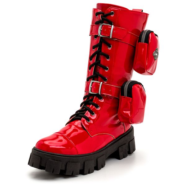 Bota Coturno Feminino com Bags 190291 Napa Verniz Vermelha Flor