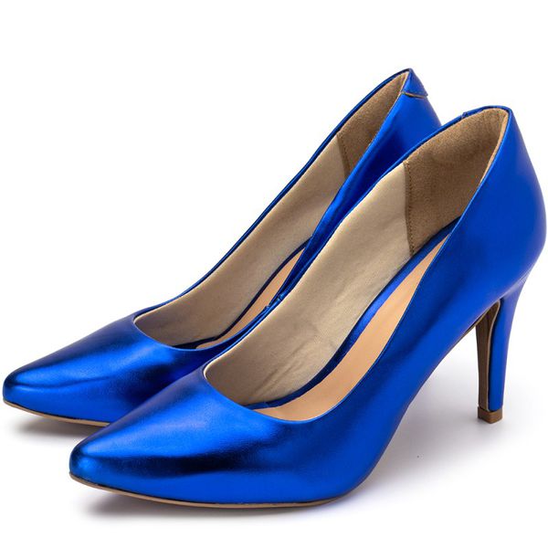 Sapato Feminino Scarpin 1720 Napa Metalizada Azul Bic